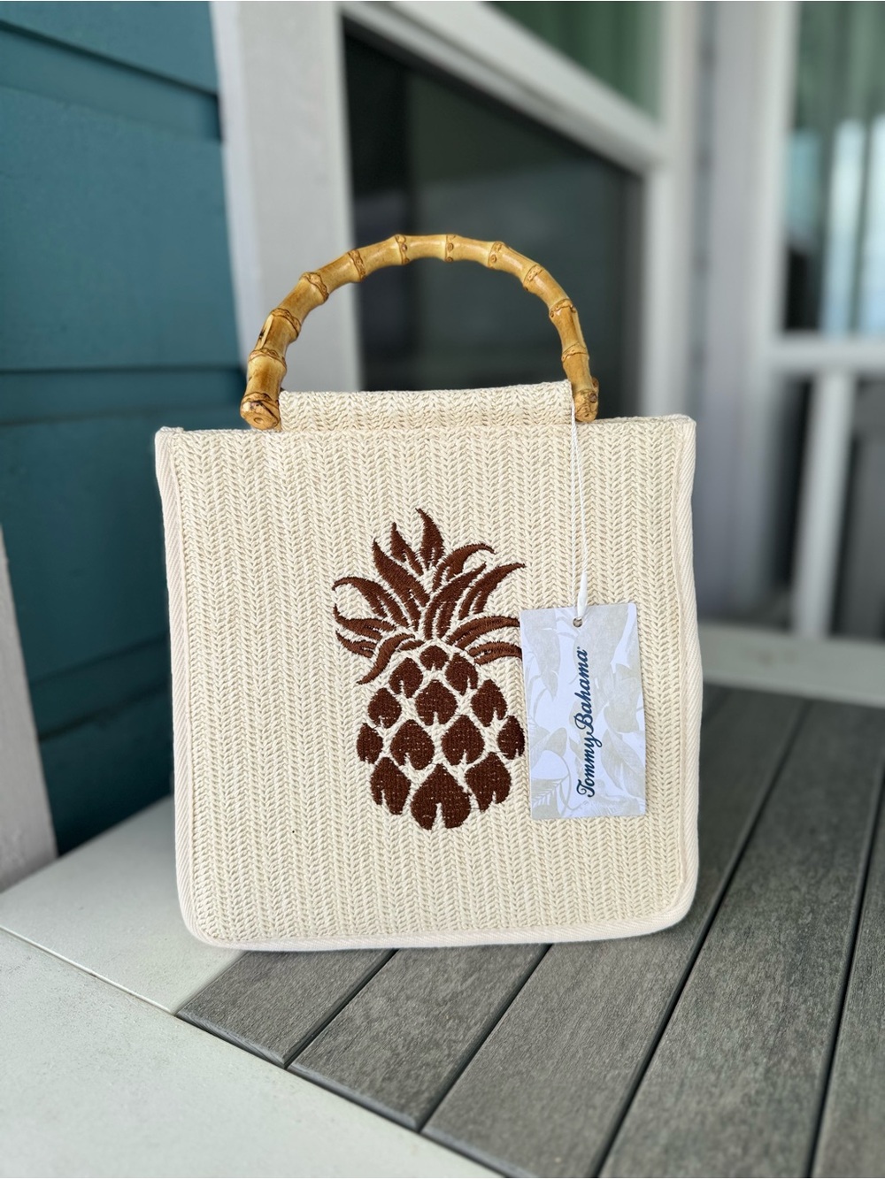 Tommy Bahama Cream Straw Tote with Brown Pineapple and Bamboo Handle